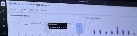 Profilence analytics dashboard showing software quality trend data