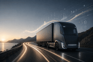Futuristic heavy-duty truck on the road, with light trails and data visualizations representing continuous software monitoring and long-term performance.