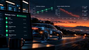 Software-defined vehicle with successful software release tests contrasted against declining system stability, increasing memory usage, service restarts and crashes.